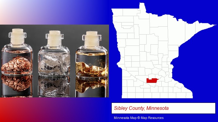 gold, silver, and copper nuggets; Sibley County, Minnesota highlighted in red on a map