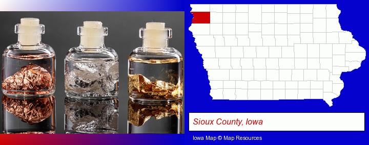 gold, silver, and copper nuggets; Sioux County, Iowa highlighted in red on a map