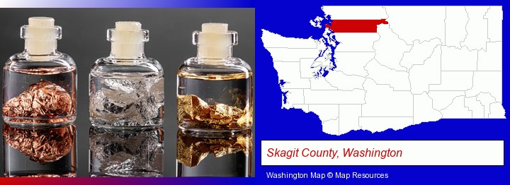 gold, silver, and copper nuggets; Skagit County, Washington highlighted in red on a map