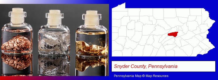 gold, silver, and copper nuggets; Snyder County, Pennsylvania highlighted in red on a map