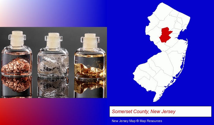gold, silver, and copper nuggets; Somerset County, New Jersey highlighted in red on a map