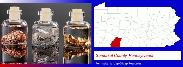 gold, silver, and copper nuggets; Somerset County, Pennsylvania highlighted in red on a map