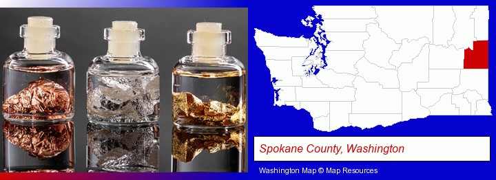 gold, silver, and copper nuggets; Spokane County, Washington highlighted in red on a map