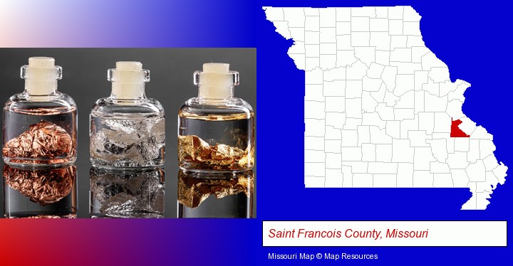 gold, silver, and copper nuggets; Saint Francois County, Missouri highlighted in red on a map