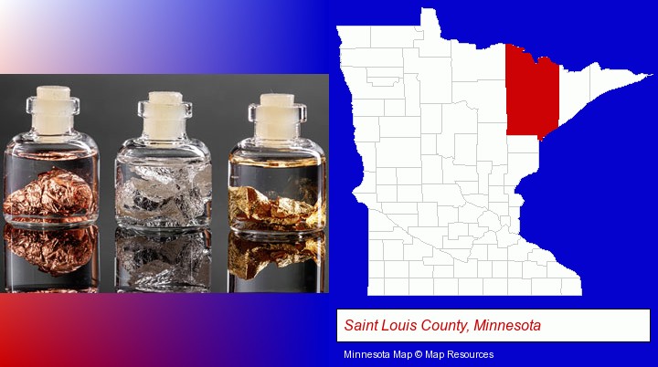 gold, silver, and copper nuggets; Saint Louis County, Minnesota highlighted in red on a map
