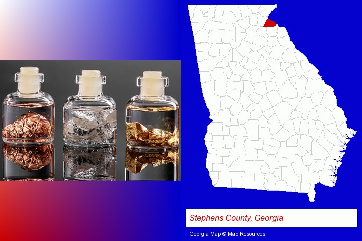 gold, silver, and copper nuggets; Stephens County, Georgia highlighted in red on a map