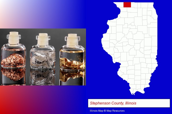 gold, silver, and copper nuggets; Stephenson County, Illinois highlighted in red on a map