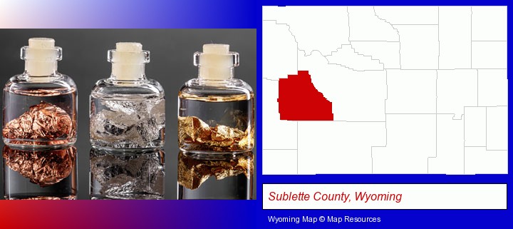 gold, silver, and copper nuggets; Sublette County, Wyoming highlighted in red on a map