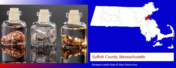 gold, silver, and copper nuggets; Suffolk County, Massachusetts highlighted in red on a map