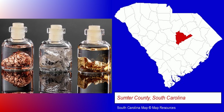 gold, silver, and copper nuggets; Sumter County, South Carolina highlighted in red on a map