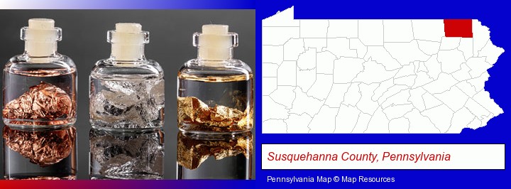 gold, silver, and copper nuggets; Susquehanna County, Pennsylvania highlighted in red on a map