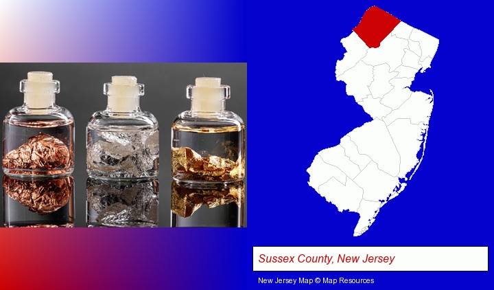 gold, silver, and copper nuggets; Sussex County, New Jersey highlighted in red on a map