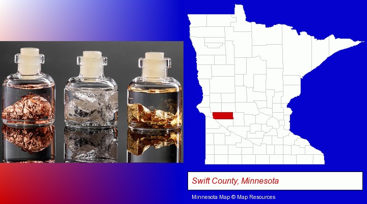 gold, silver, and copper nuggets; Swift County, Minnesota highlighted in red on a map