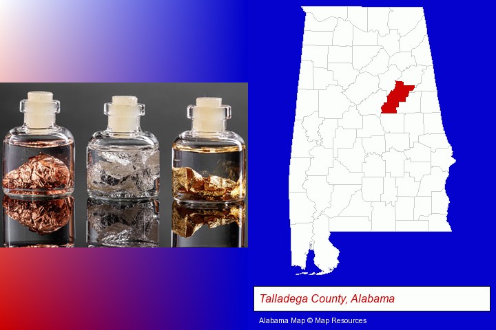 gold, silver, and copper nuggets; Talladega County, Alabama highlighted in red on a map