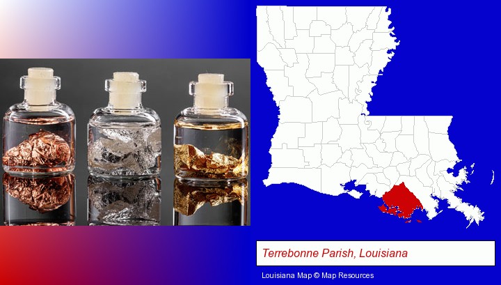 gold, silver, and copper nuggets; Terrebonne Parish, Louisiana highlighted in red on a map