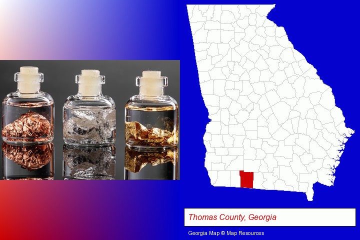 gold, silver, and copper nuggets; Thomas County, Georgia highlighted in red on a map