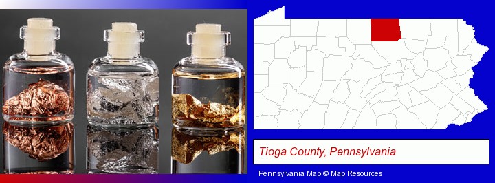 gold, silver, and copper nuggets; Tioga County, Pennsylvania highlighted in red on a map