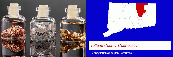 gold, silver, and copper nuggets; Tolland County, Connecticut highlighted in red on a map