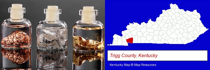 gold, silver, and copper nuggets; Trigg County, Kentucky highlighted in red on a map