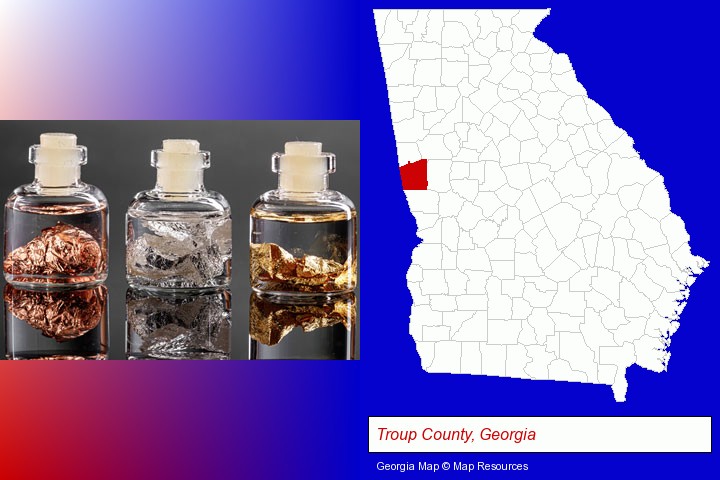 gold, silver, and copper nuggets; Troup County, Georgia highlighted in red on a map