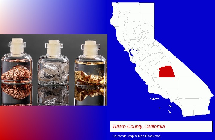 gold, silver, and copper nuggets; Tulare County, California highlighted in red on a map