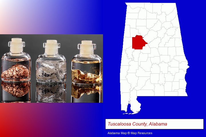 gold, silver, and copper nuggets; Tuscaloosa County, Alabama highlighted in red on a map