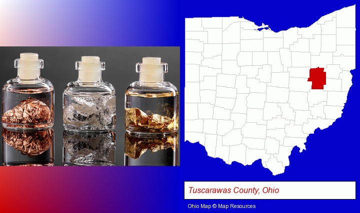 gold, silver, and copper nuggets; Tuscarawas County, Ohio highlighted in red on a map