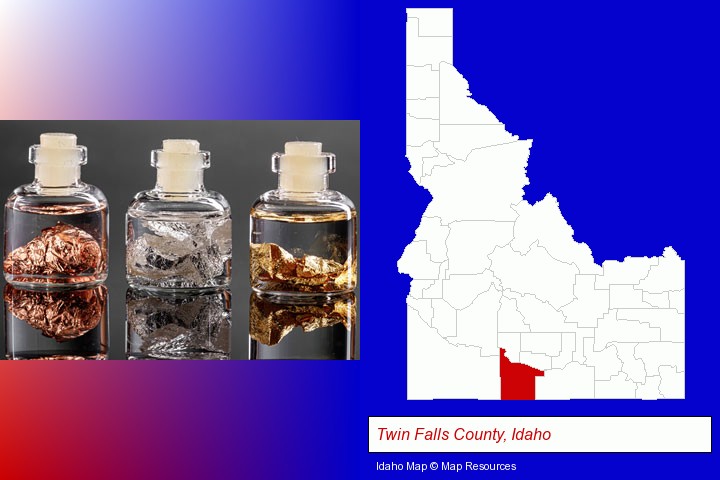 gold, silver, and copper nuggets; Twin Falls County, Idaho highlighted in red on a map