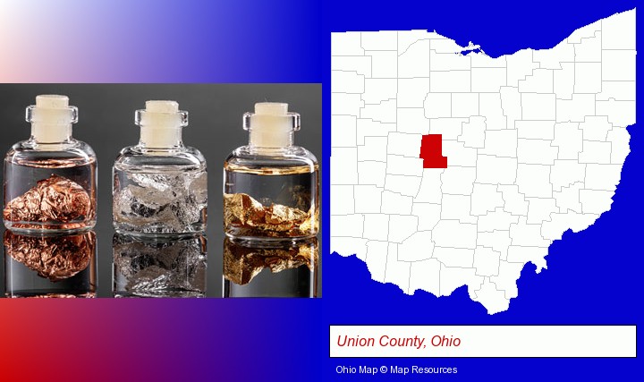 gold, silver, and copper nuggets; Union County, Ohio highlighted in red on a map