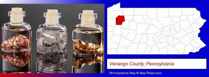 gold, silver, and copper nuggets; Venango County, Pennsylvania highlighted in red on a map