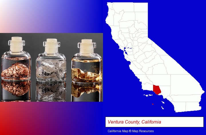 gold, silver, and copper nuggets; Ventura County, California highlighted in red on a map