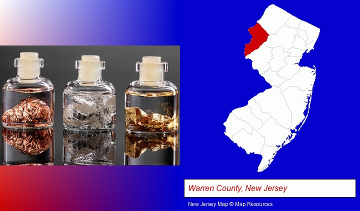 gold, silver, and copper nuggets; Warren County, New Jersey highlighted in red on a map