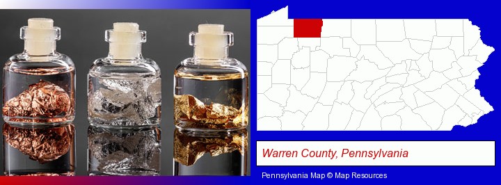 gold, silver, and copper nuggets; Warren County, Pennsylvania highlighted in red on a map