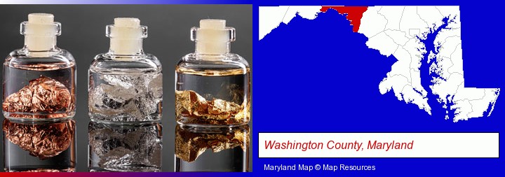 gold, silver, and copper nuggets; Washington County, Maryland highlighted in red on a map