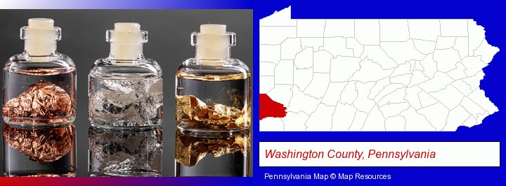 gold, silver, and copper nuggets; Washington County, Pennsylvania highlighted in red on a map