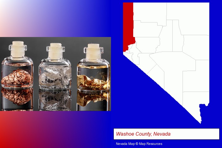 gold, silver, and copper nuggets; Washoe County, Nevada highlighted in red on a map