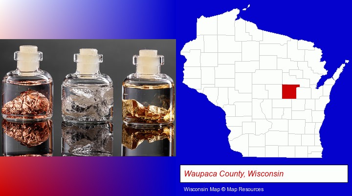 gold, silver, and copper nuggets; Waupaca County, Wisconsin highlighted in red on a map