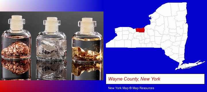 gold, silver, and copper nuggets; Wayne County, New York highlighted in red on a map