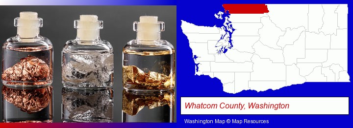 gold, silver, and copper nuggets; Whatcom County, Washington highlighted in red on a map