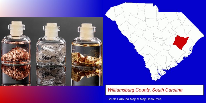 gold, silver, and copper nuggets; Williamsburg County, South Carolina highlighted in red on a map
