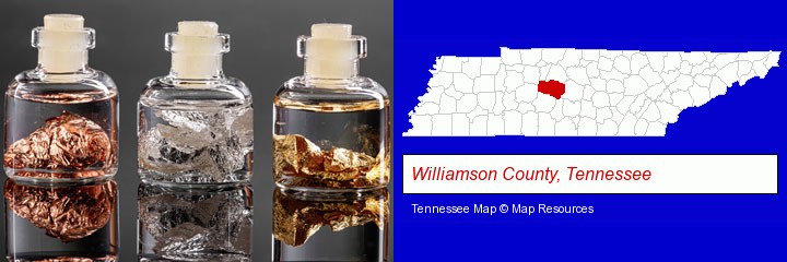 gold, silver, and copper nuggets; Williamson County, Tennessee highlighted in red on a map