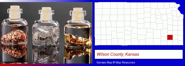 gold, silver, and copper nuggets; Wilson County, Kansas highlighted in red on a map