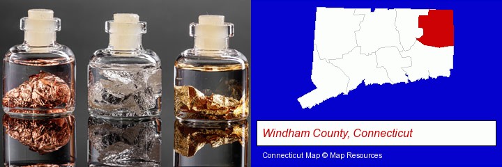 gold, silver, and copper nuggets; Windham County, Connecticut highlighted in red on a map
