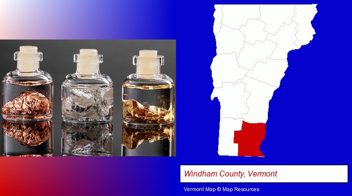 gold, silver, and copper nuggets; Windham County, Vermont highlighted in red on a map