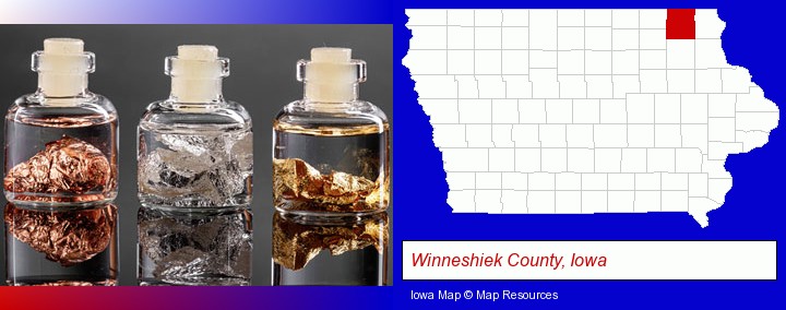 gold, silver, and copper nuggets; Winneshiek County, Iowa highlighted in red on a map