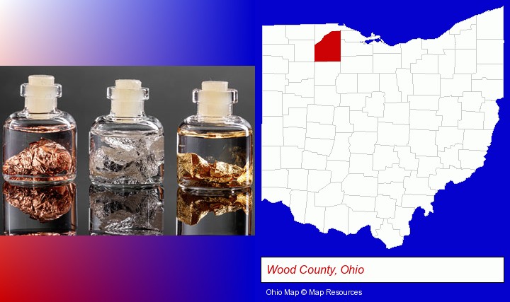 gold, silver, and copper nuggets; Wood County, Ohio highlighted in red on a map