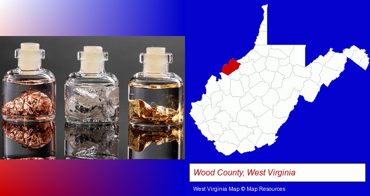 gold, silver, and copper nuggets; Wood County, West Virginia highlighted in red on a map