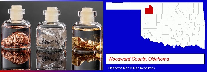 gold, silver, and copper nuggets; Woodward County, Oklahoma highlighted in red on a map