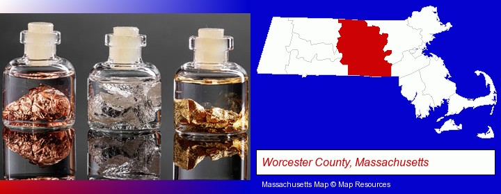 gold, silver, and copper nuggets; Worcester County, Massachusetts highlighted in red on a map