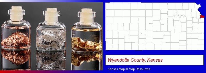 gold, silver, and copper nuggets; Wyandotte County, Kansas highlighted in red on a map